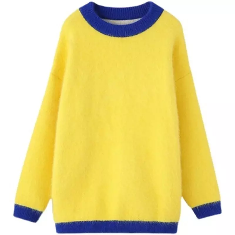 Norek z kaszmiru miękkie długie swetry niebieskie żółte eleganckie jesienne zimowe moherowe grube przeszycie luźne, leniwe, ciepłe bluzki damskie