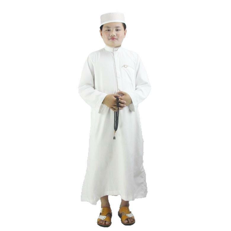 Jubah Muslim Anak Laki-laki Poliester Nyaman Juba Tobe Gaun Tradisional Islam Gaun Bordir Jubah Doa Ramadhan Putih