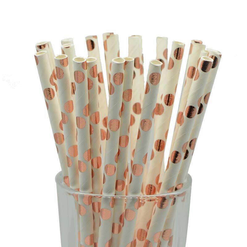 25pcs Rose Gold Paper Straws Strip Dot Drinking Straw Disposable Tableware Party Supplies Wedding Birthday Party Decoration Kids