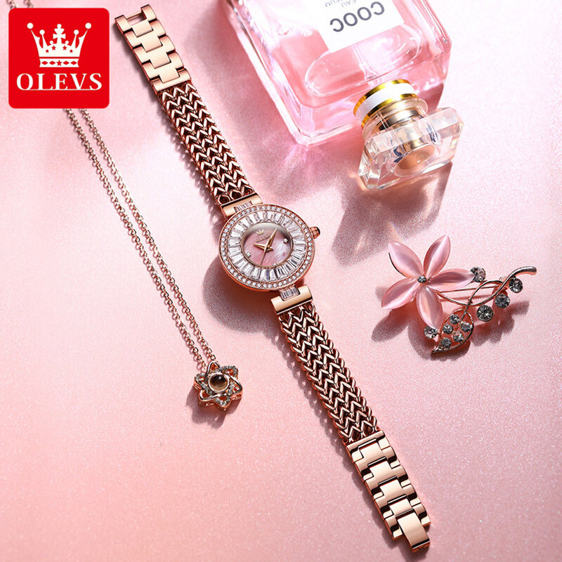 Olevs Marke Mode glänzende Kristall Quarzuhr für Frauen Roségold Edelstahl armband wasserdichte Luxus Diamant Uhren Frauen