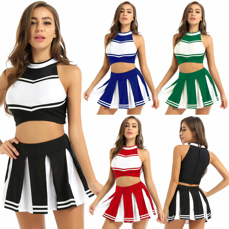 Womens Cheerleader Cosplay Uniform Stage Performance Outfit Stand Collar Sleeveless Crop Top with Mini Pleated Skirt Dancewear