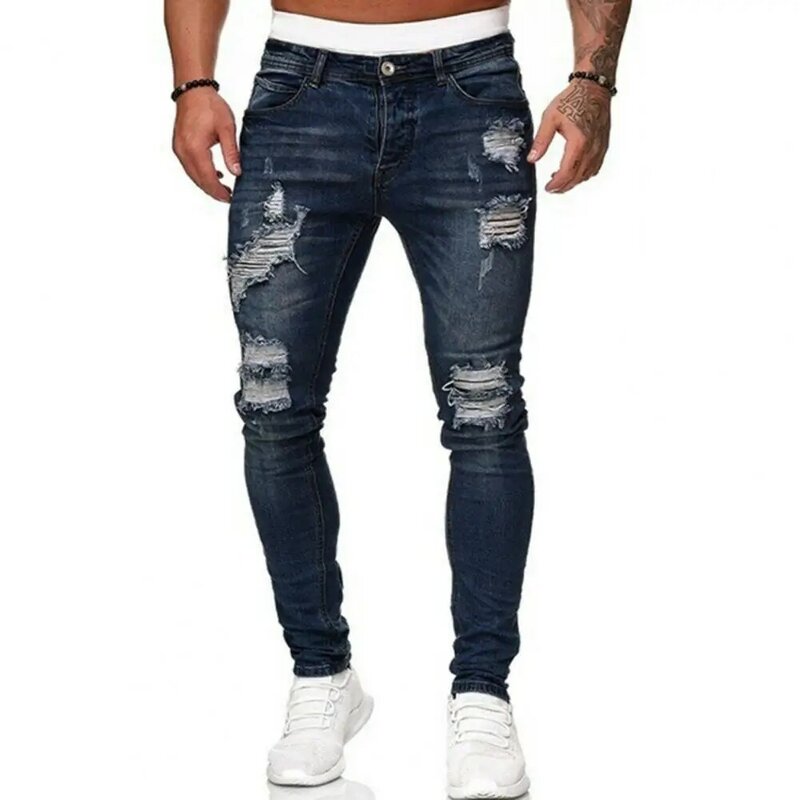 Jeans rasgado ajuste reto masculino, slim fit, tecido respirável, streetwear hip hop, correspondência de cores, botão-zip, elegante