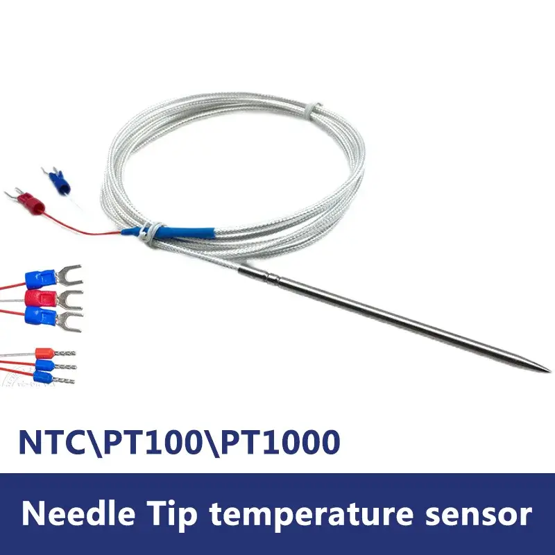 NTC \ PT100 \ PT1000 Sensor Suhu Kelas A 4X100Mm Kabel Ujung Jarum Terlindung Kabel 1-8M Meter Baja Tahan Karat Aman untuk Makanan SUS304