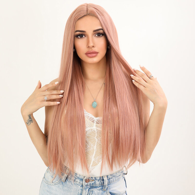 Smilco Highlight Pink Synthetic Lace Front Straight Wigs For Women Invisible Lace Front Preplucked Wig Daily Heat Resistant Hair