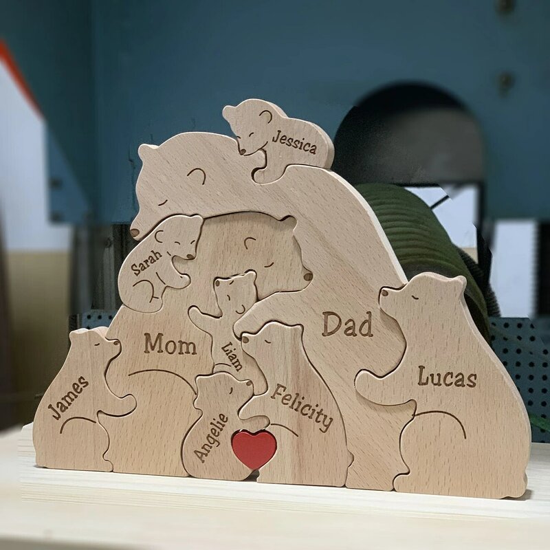 Bear Family Ornaments DIY Wood Carving Free Engraving Custom Name Multi-language customization Puzzle Mother's Birthday Gift