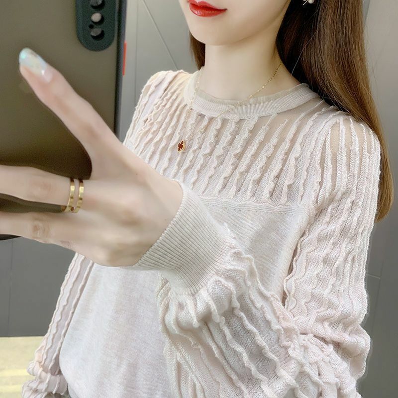 O-넥 니트 스플라이싱 할로우 아웃 디자인 캐주얼 스웨터, 2022 한국 패션 여성 의류, 시크한 상의, 신상