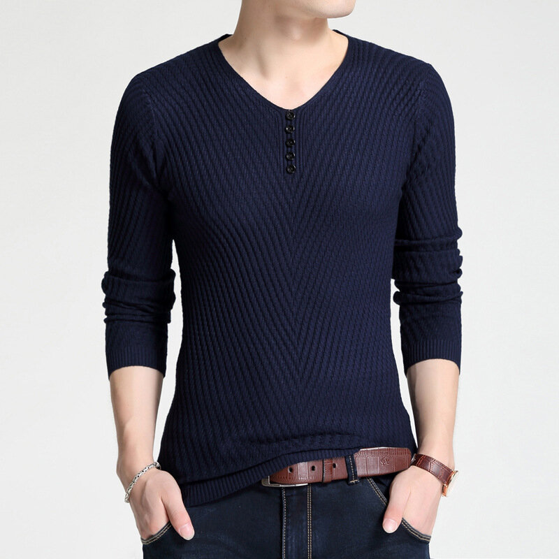 Liseaven-suéter de Color liso para hombre, jersey con cuello en V, ropa de otoño e invierno