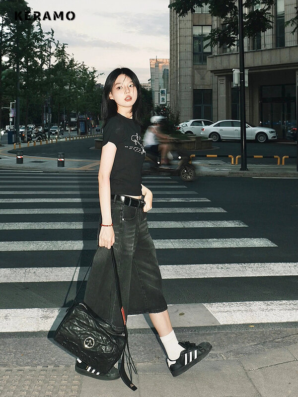 Jeans Harajuku estilo casual feminino, shorts estéticos folgados lavados vintage, perna larga punk Y2K, shorts jeans largos, verão, 2024