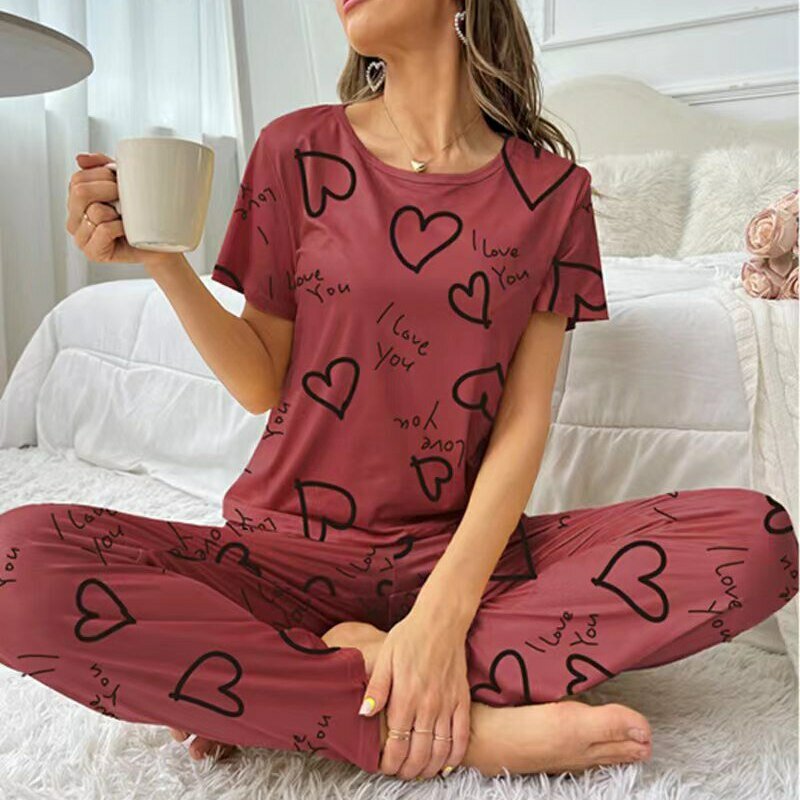 Женский пижамный комплект, рубашка с коротким рукавом и брюки, одежда для сна из двух предметов, пижама, домашняя одежда