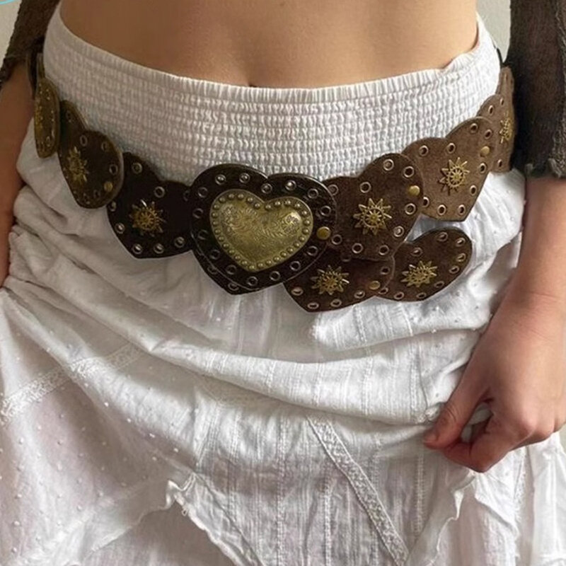 Ремень из искусственной кожи с пряжкой в форме сердца, декоративный ретро пояс в стиле стимпанк с широкими заклепками, в западном стиле, для женщин