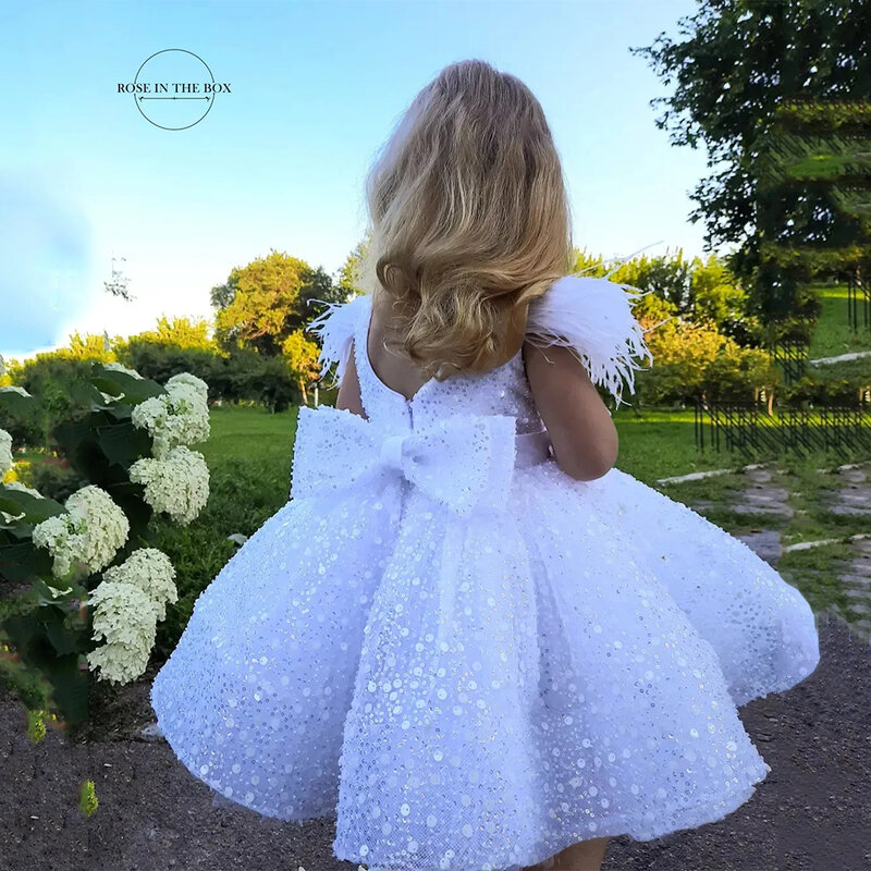 Vestidos de niña de flores blancas con cuentas brillantes para niños, lazo de plumas, fiesta de noche, vestido de baile de princesa, tutú de comunión para niños pequeños