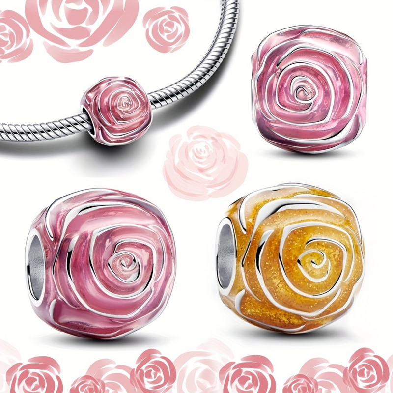 Abalorio de plata de ley 925 para mujer, cuentas de la serie rosa brillante, compatible con pulsera Pandora, bricolaje, adecuado para regalo de joyería fina