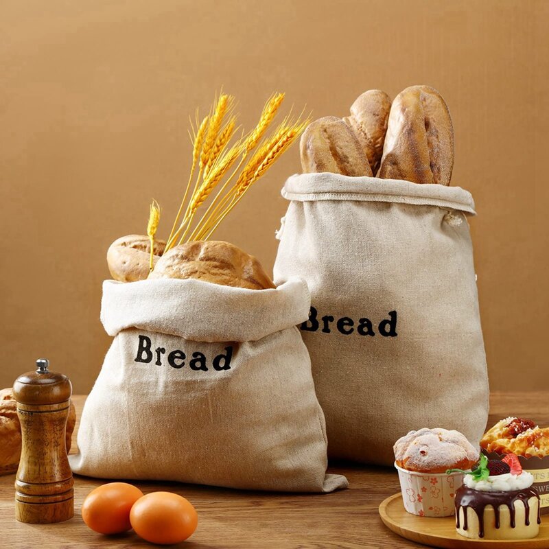3 buah tas roti goni dapat digunakan kembali tali tarik tas roti seperti ditunjukkan unbleach Loaves tas kue kering penyimpanan makanan buatan tangan