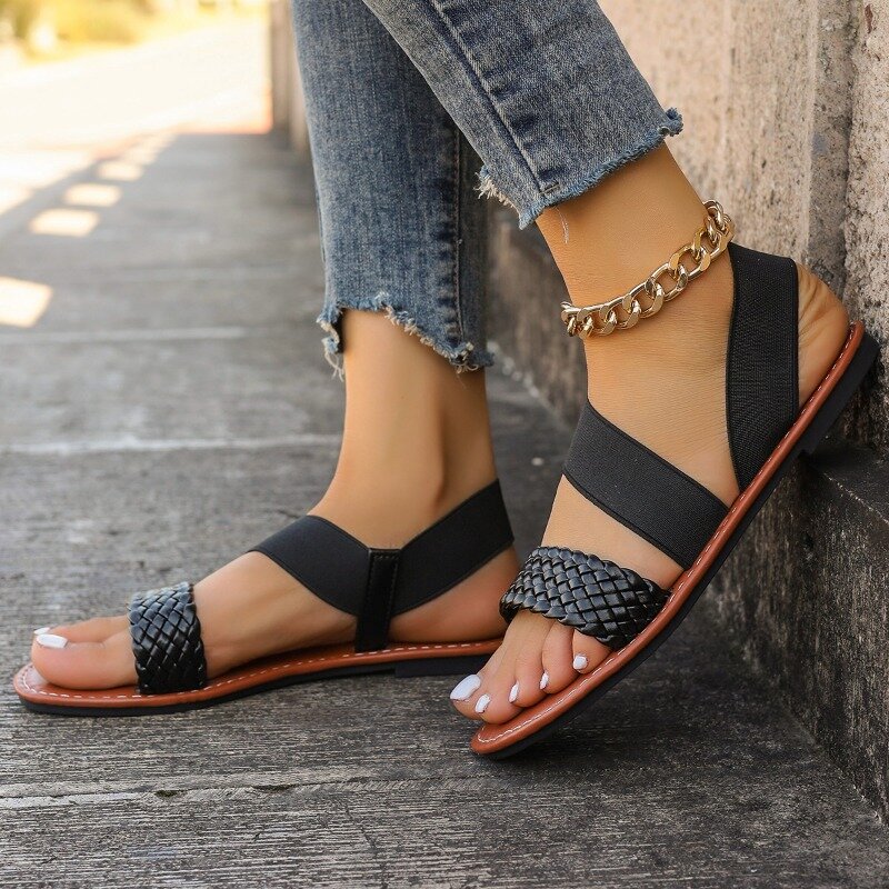 Женские летние сандалии, модные круглые сандалии на плоской подошве, римские сандалии для прогулок, новинка 2024