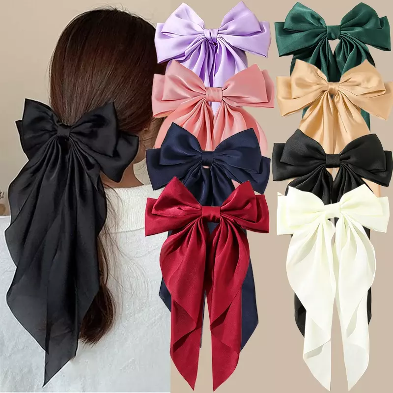 Koreańskie dodatki spinki do włosów dla kobiet dziewczynki duża kokardka jednolita satynowy wstążkowe kokardki zacisk sprężynowy Barette Cheveux Femme 2023