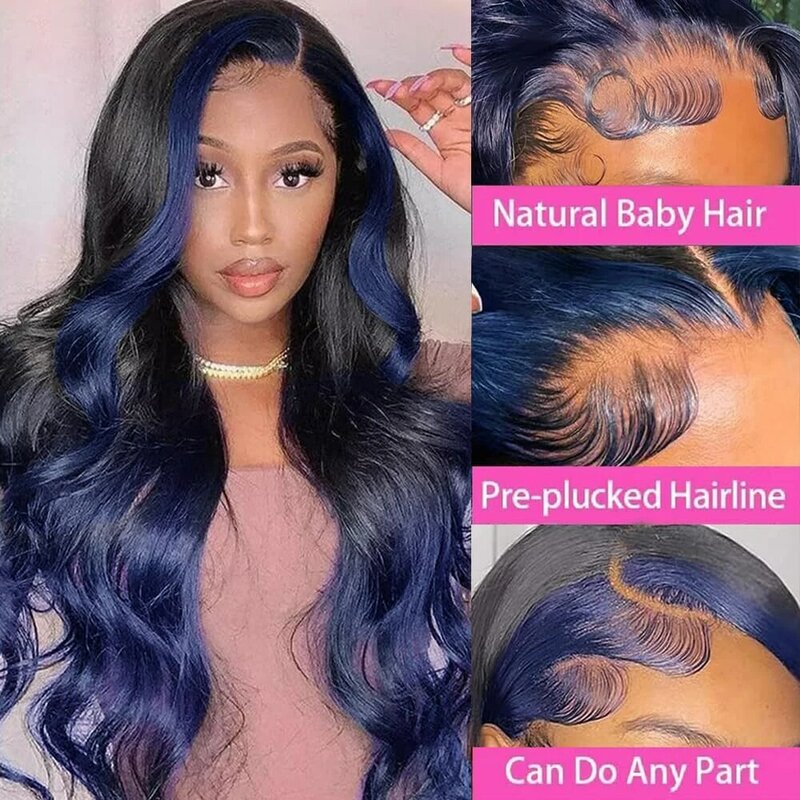 Perruque Lace Front Wig Body Wave, cheveux de bébé, balayage bleu foncé, fibre de degré de chaleur, pré-plumée, document bleu ombré, 13x4