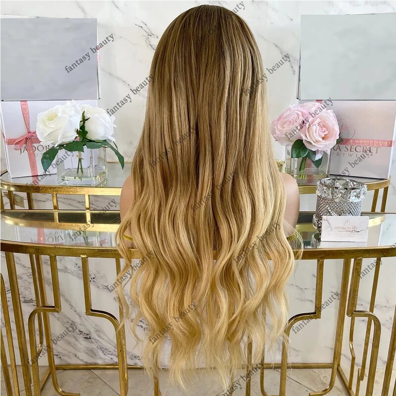 Ombre Golden Ash Blonde V Part 100% Human Hair Wigs 250% Density Brown Side/Middle U Shape Part Wig Glueless Virgin Body Wave