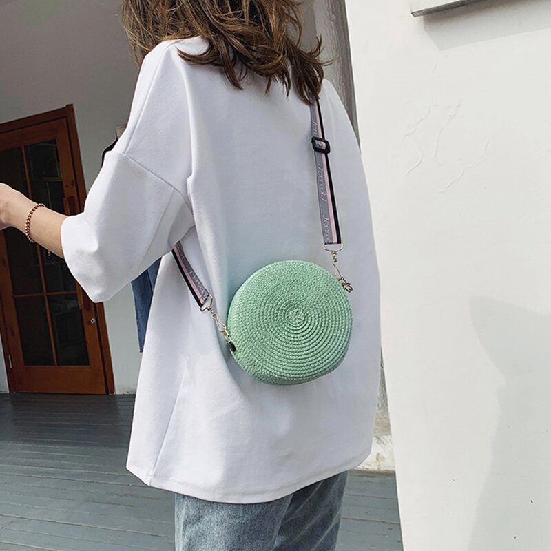 Słomiana tkana okrągła damska torba na ramię Fashion Travel Beach Messenger Bag Shopping Tote Bag Leisure Bag