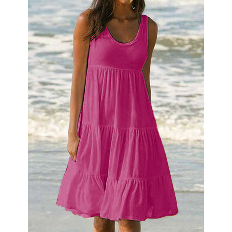 Casual Summer Midi Dress Women Sleeveless Tank O Neck Ruffle Loose Dresses Vacation Beach Soild Sundress Fashion