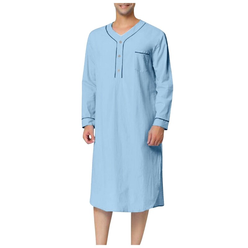 2024 Nieuwe Douhoow Mannen Kaftan Dubai Robe Effen Kleur Losse Saudi Arab Lange Mouwen Nachthemd Met Zakken Nachtkleding Nachthemd