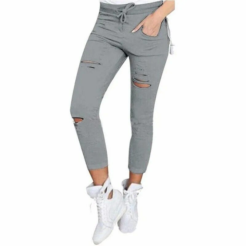 Calças elásticas de cintura alta para mulheres, calças magras, calças lápis, monocromáticas, finas, buraco quebrado, moda streetwear, 2023