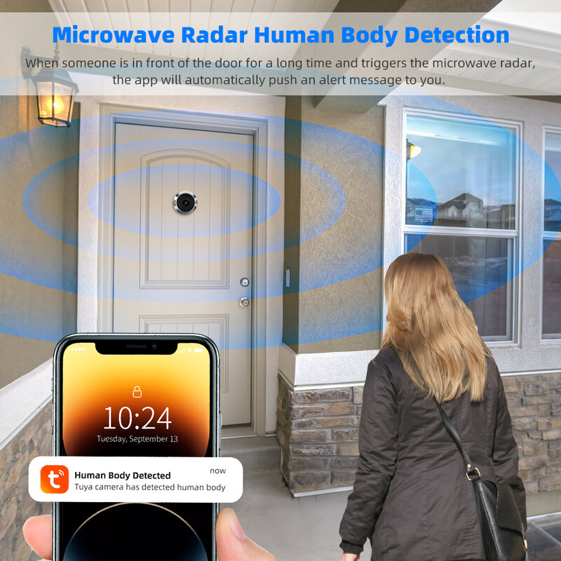 Tuya-minicámara de seguridad inteligente, 2,4G, WiFi, 1080P, detección humana, Radar de microondas, visor de puerta Digital, timbre inalámbrico para el hogar