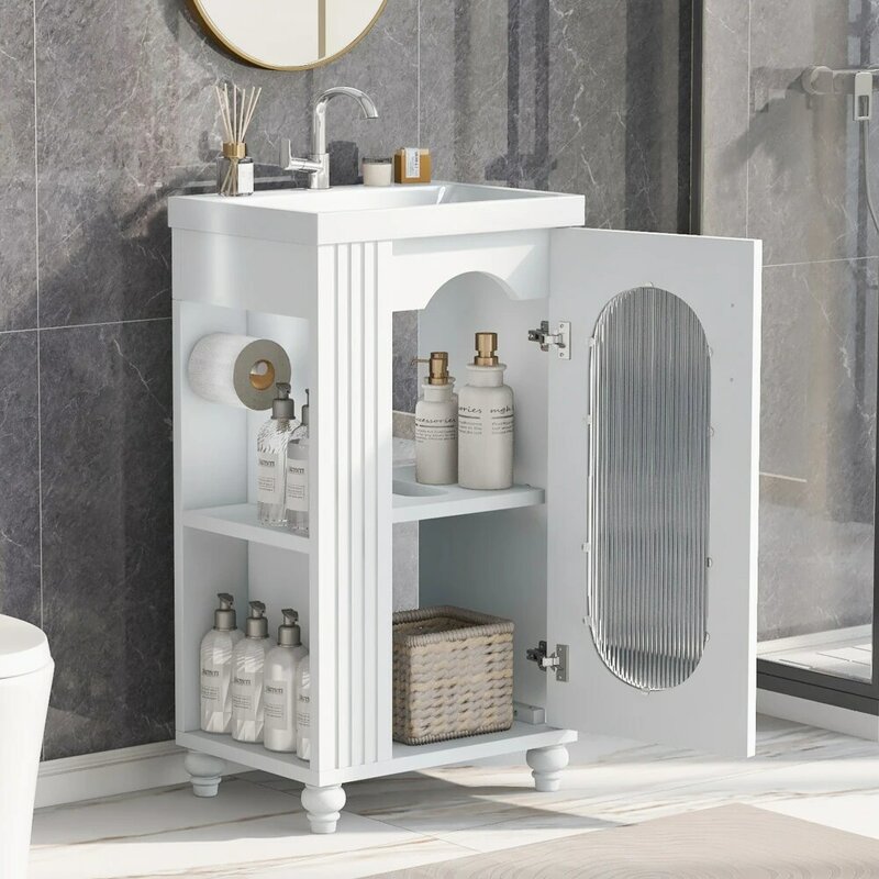 Tocador de baño con fregadero de cerámica, armario de almacenamiento independiente con estantes ajustables, 20 pulgadas