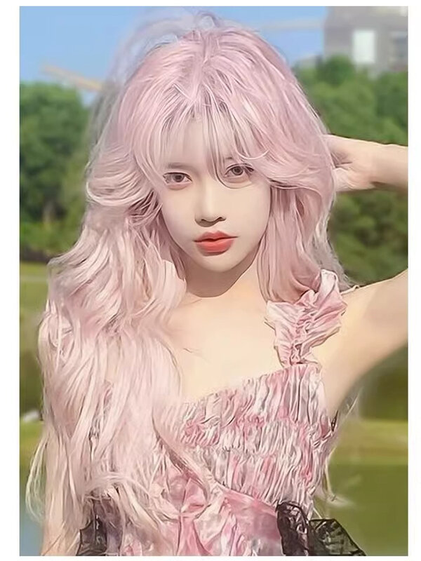 Peluca de cabeza completa Lolita Jk de niña ligera Universal, cabello rizado largo rosa, onda grande Cos
