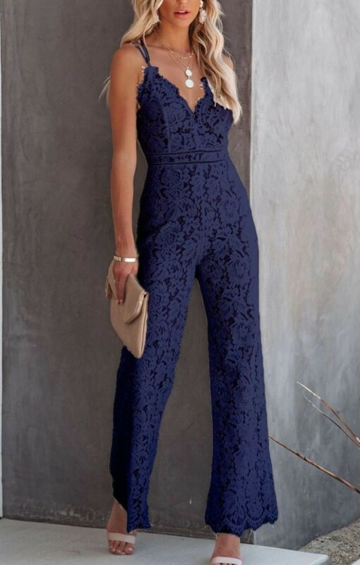 Summer New Solid Lace Splice Sleeveless Casual Sling Jumpsuit Women's V-neck Sexy High Waisted Slim Fit Wide Leg Pants