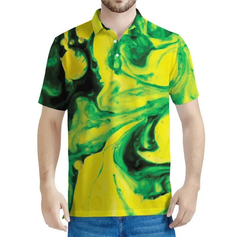 Pigmento líquido colorido padrão de fluxo polo masculino, impresso em 3D, solto, mangas curtas, tops casuais, camiseta de lapela de rua, verão