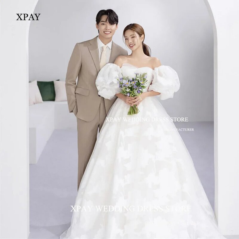 Кружевное Свадебное платье принцессы XPAY в Корейском стиле, свадебные платья с короткими рукавами-фонариками, платье для фотосессии, длиной до пола, Атласное Бальное Платье трапециевидной формы