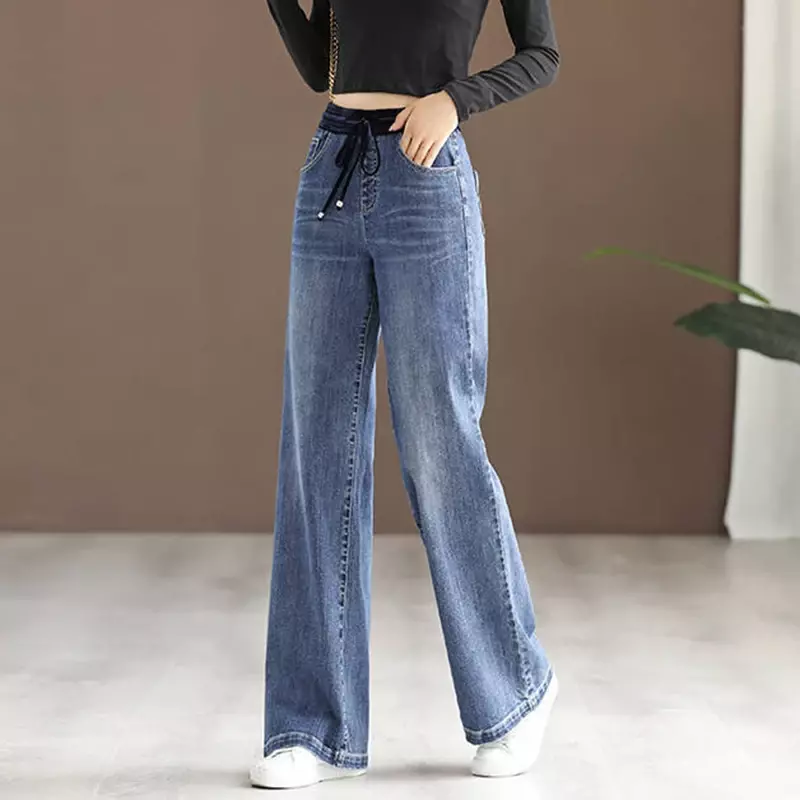 Vrouwen Winter Plus Fluwelen Vintage Wijde Pijpen Jeans Dikker Baggy Vaqueros Pantalones Hoge Taille Oversized 34 Warme Pluche Denim Broek