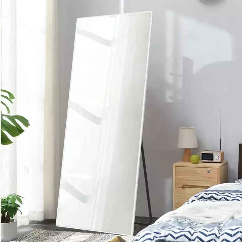 กระจกปูพื้นเต็มตัวกระจกเงาโต๊ะเครื่องแป้งห้องนอนติดผนังขนาดใหญ่กรอบบางอะลูมินัมอัลลอยสีขาว