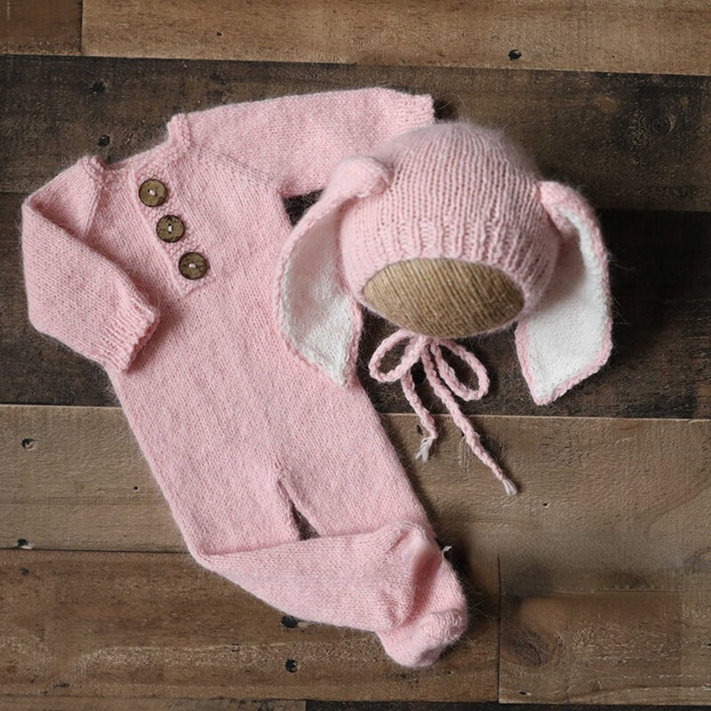 Newborn Photography Props Knitted Wool Baby Girl Boy Outfit Romper Jumpsuit Rabbit Ear Hat  Baby Photography Clothing