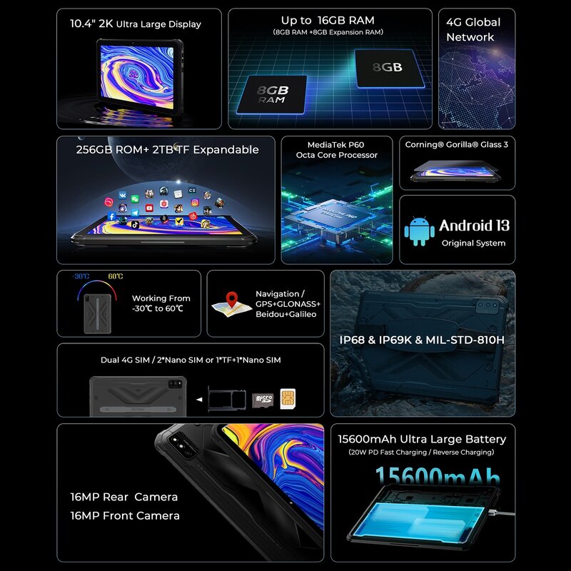 TWAV-Tablette PC Tab R6 Ultra Robuste, Android 13, MediaTek Helio P60, Batterie 256 mAh, 8 Go + 10.4 Go, 15600 en effet FHD + 2K