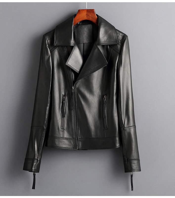 Jaqueta de couro genuíno feminino, casaco de pele de carneiro, 90% branco, roupas femininas de motocicleta, novo, 2023