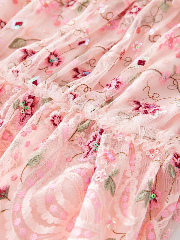 Elegante Vestido Midi Rosa de Malha com Flores e Lantejoulas para senhoras, Festa de Celebridades, Moda Casual, Lindo Bordado, Alta Qualidade, Novo, Verão