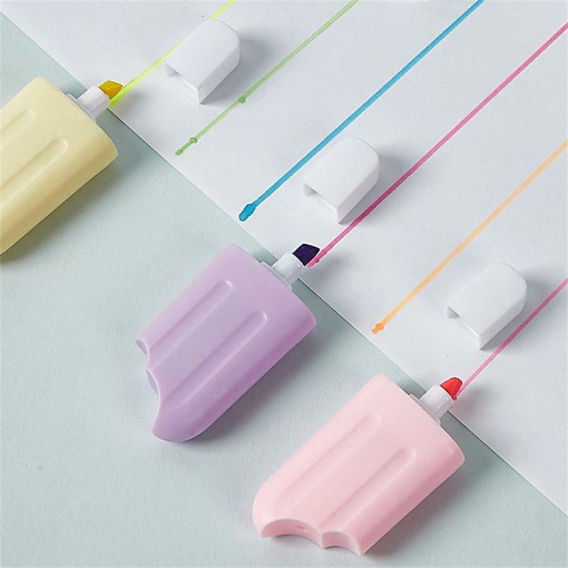 Rotulador de colores de cabeza plana, marcador de color de 6 colores, regalo de plástico, resaltador de texto de dibujos animados de helado de caramelo, 1-10 piezas
