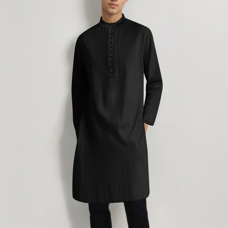 Baju Muslim pria, jubah Arab jubah tengah lengan panjang bordir saku panjang kemeja mantel jubah kemeja doa pria