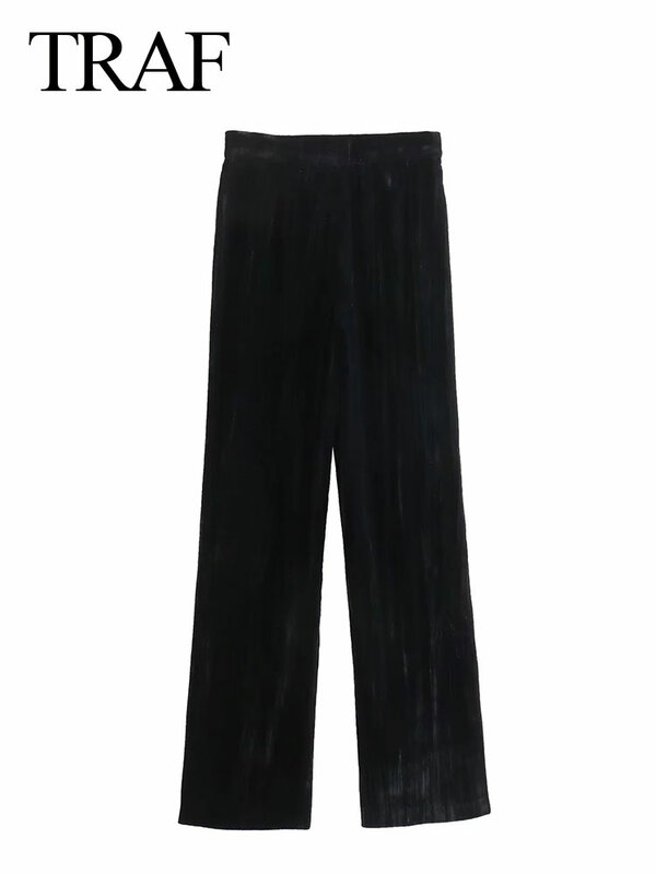 TRAF jesienne długie spodnie damskie modne nowe aksamitne spodnie damskie Vintage z kieszeniami damskie spodnie z prosta szeroka nogawkami