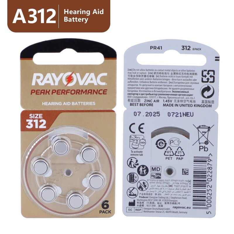 Baterias de aparelhos auditivos 312 A312 312A ZA312 312a PR41 Rayovac Peak UK Zinc Air Button Ear Aid Baterias para aparelhos auditivos 312