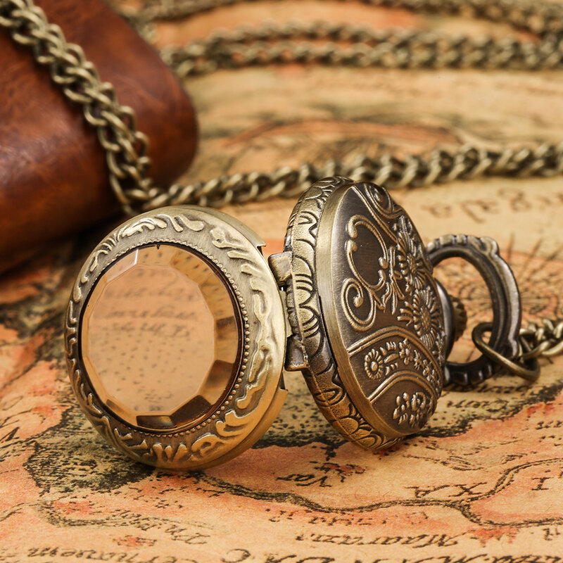Reloj de bolsillo de cuarzo de tamaño pequeño para mujeres y niñas, collar de suéter, cadena, bronce, vidrio marrón