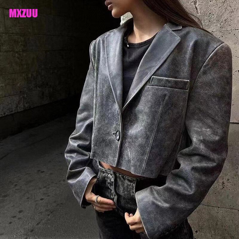 Genuine Leather Coat Women Autumn Winter New Fashion Two-Color Sheepskin Rub Color Retro Do The Old Short One-Button Suit Jacket