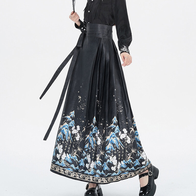 Saia plissada sem estiramento Jacquard feminina, terno hanfu tradicional de poliéster, estilo chinês, moda confortável