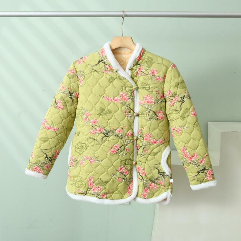 Women Cotton Jacket Fall Winter Floral Print Thick Warm Fleece Lining Plush Cotton Coat Knot Button Ladies Quilted Coat