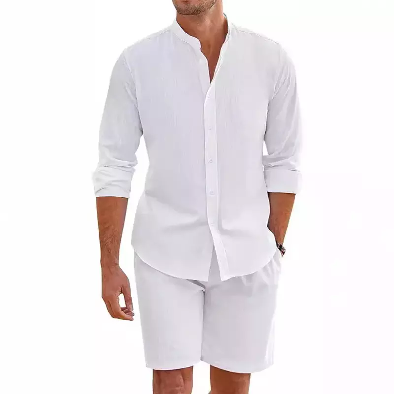 ชุดเสื้อฝ้ายลินินคาร์ดิแกนและกางเกงขาสั้นสำหรับผู้ชาย2ชิ้นเสื้อชายหาดแบบเรียบง่ายสวมใส่สบายชุดฮาวาย