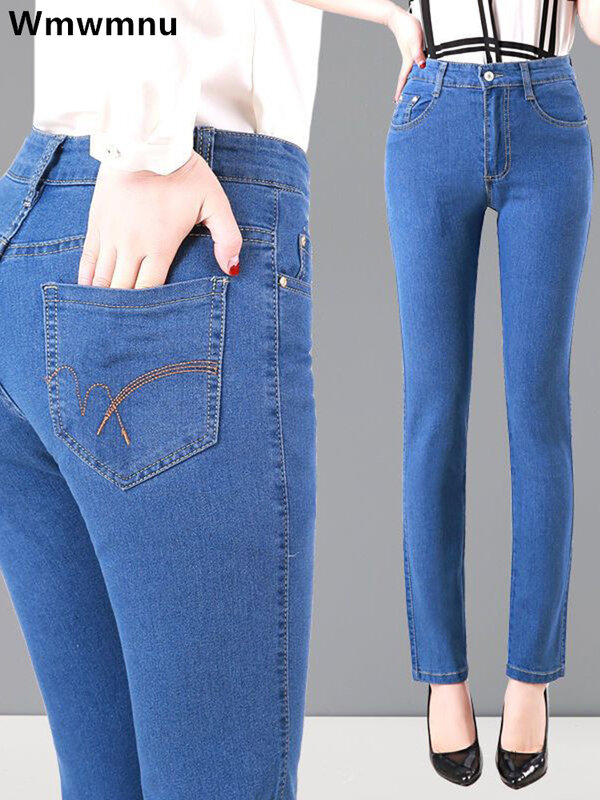 Oversize 36 primavera verão mãe calças de brim do vintage cintura alta mulheres calças jeans elegante magro em linha reta vaqueros bordados pantalones
