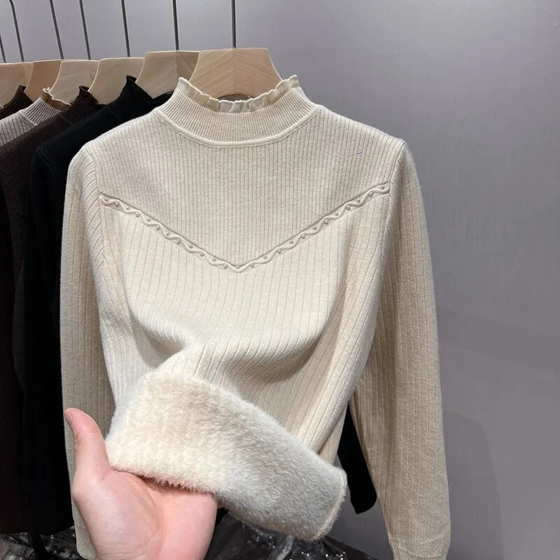 Sweater Dalaman beludru, atasan rajut pullover rajut hangat kasual wanita Turtleneck beludru tebal Plus musim dingin