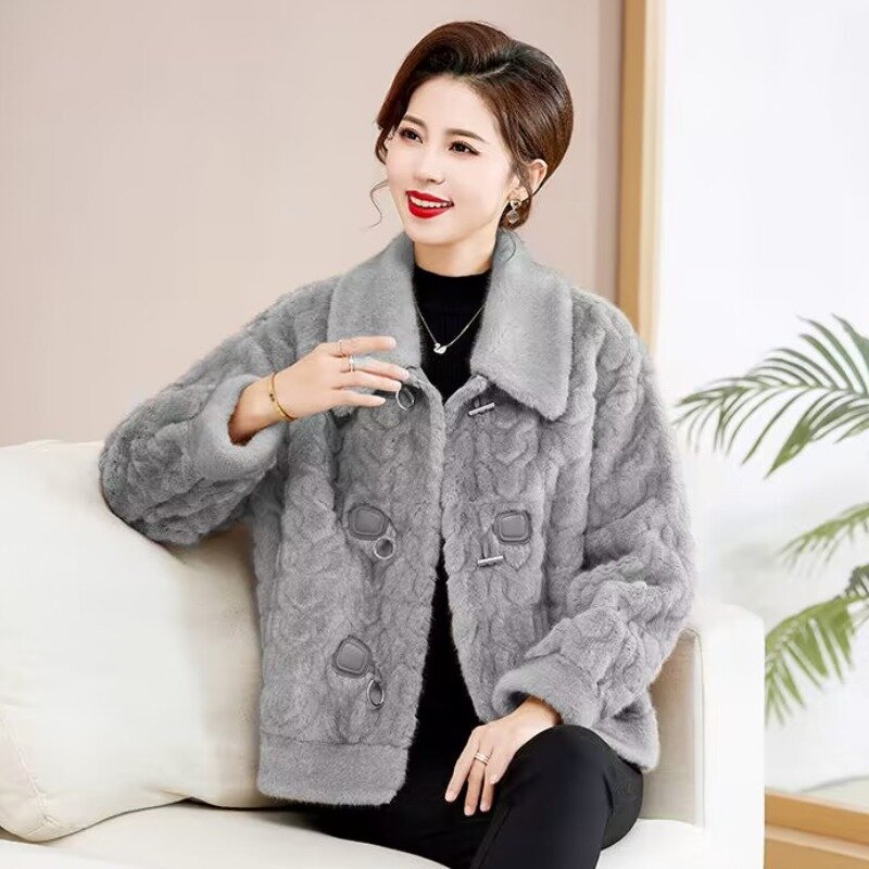 Middle-Aged Women Artificial Mink Hair Fur Coat Winter New Female Graceful Baggy Thicken Warm Outwear Solid Color Casual Outcoat