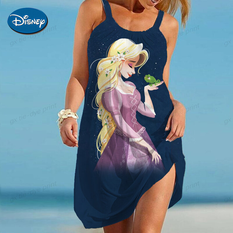 Women Summer Disney Princess Print Boho Beach Dress Loose Vacation Beach Cami Dress Ladies Cotton Tshirt Tank Sundress